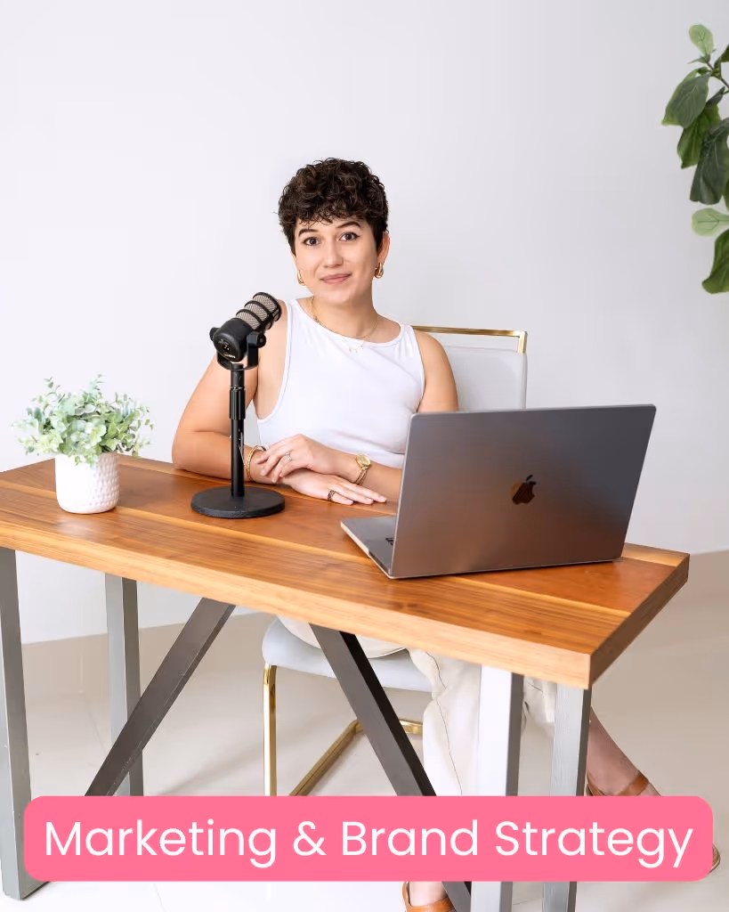 Visual representation of marketing and brand strategy, showing interconnected elements like target audience, messaging, content, social media, and analytics working together to build a strong brand identity.