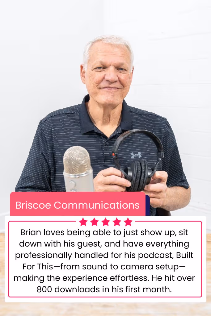 Brian loves being able to just show up, sit down with his guest, and have everything professionally handled for his podcast, Built For This—from sound to camera setup—making the experience effortless. He hit over 800 downloads in his first month.