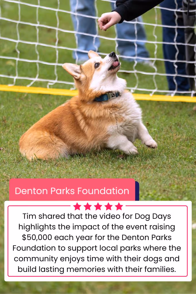 Tim shared that the video for Dog Days highlights the impact of the event raising $50,000 each year for the Denton Parks Foundation to support local parks where the community enjoys time with their dogs and build lasting memories with their families.