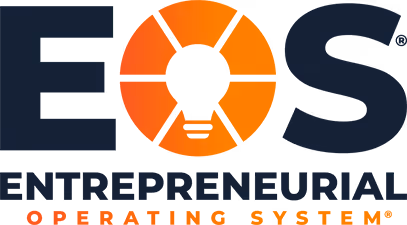 Logo of EOS featuring the letters E and S in dark font and a segmented orange circle with a lightbulb shape in the center representing an entrepreneurial operating system.