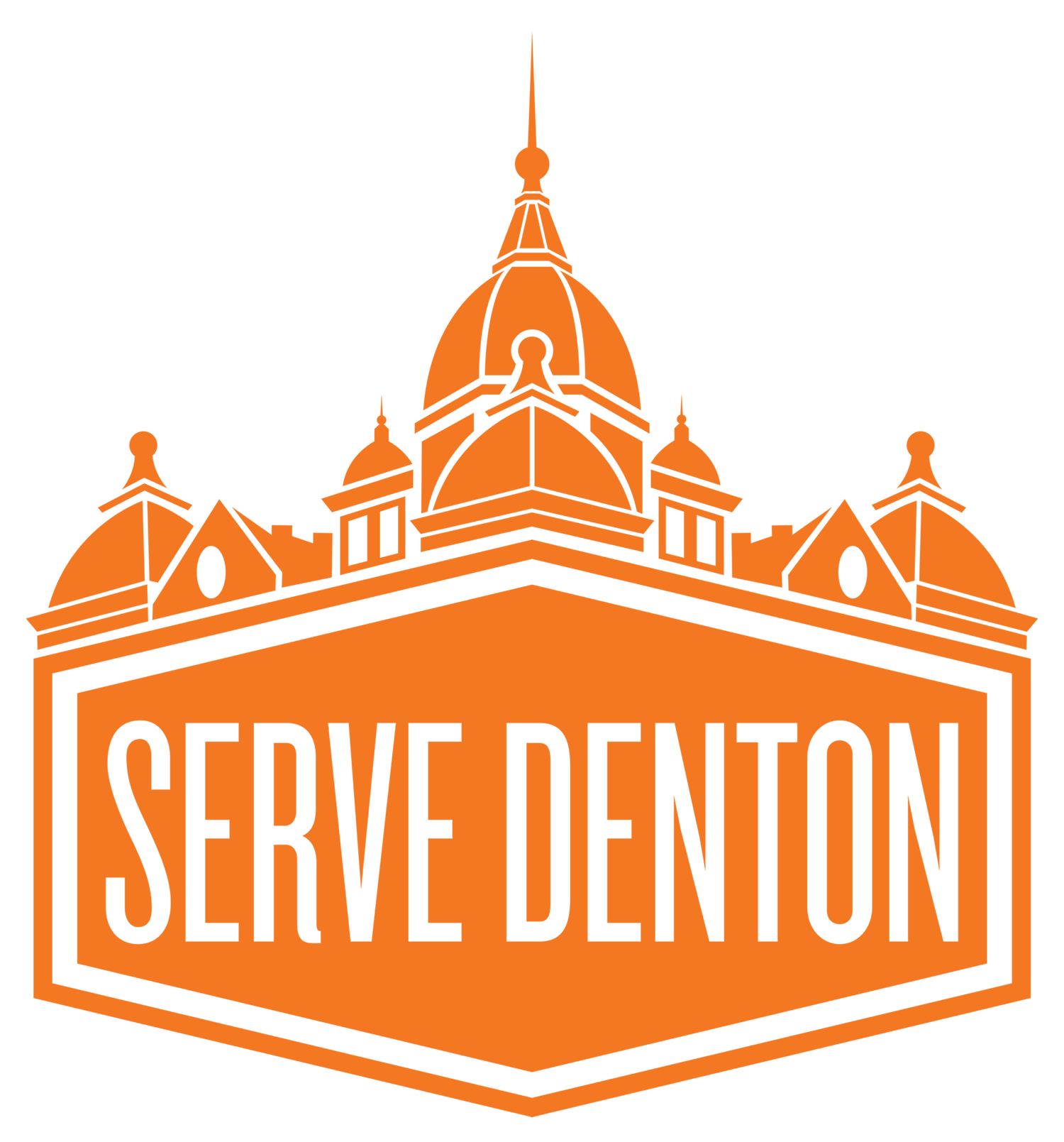 Orange logo featuring a stylized building dome above the text Serve Denton.