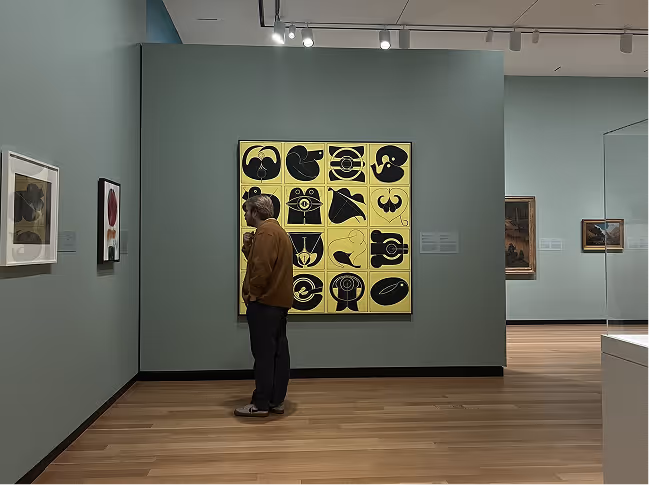 Person standing in an art museum gallery looking at framed abstract artwork with black shapes on a yellow background on the wall.