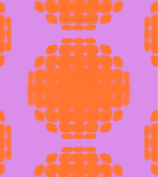Orange abstract geometric shapes arranged symmetrically on a purple background.