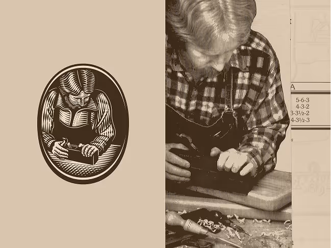 Vintage-style illustration of a person carving wood with a chisel and mallet.