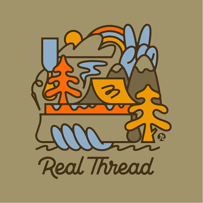 Colorful stylized illustration featuring mountains, trees, a river, a sun, and a rainbow with the text 'Real Thread' below.