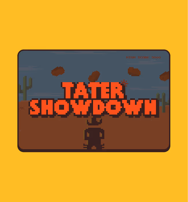 Pixel art style video game screen with 'Tater Showdown' title in red block letters, a cowboy silhouette, cacti, and falling potatoes.
