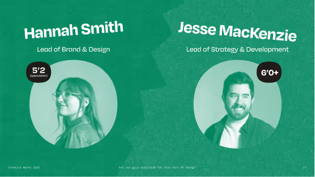 Profile photos of Hannah Smith, Lead of Brand & Design, with a caption 5'2 (speculation), and Jesse MacKenzie, Lead of Strategy & Development, with a caption 6'0+.