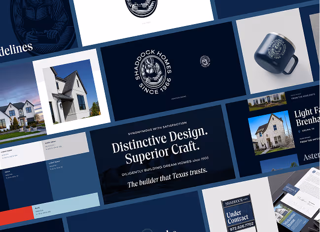 Collage showing Shaddock Homes branding with logo, house images, a coffee mug, and text highlighting distinctive design and trusted Texas home builder since 1966.