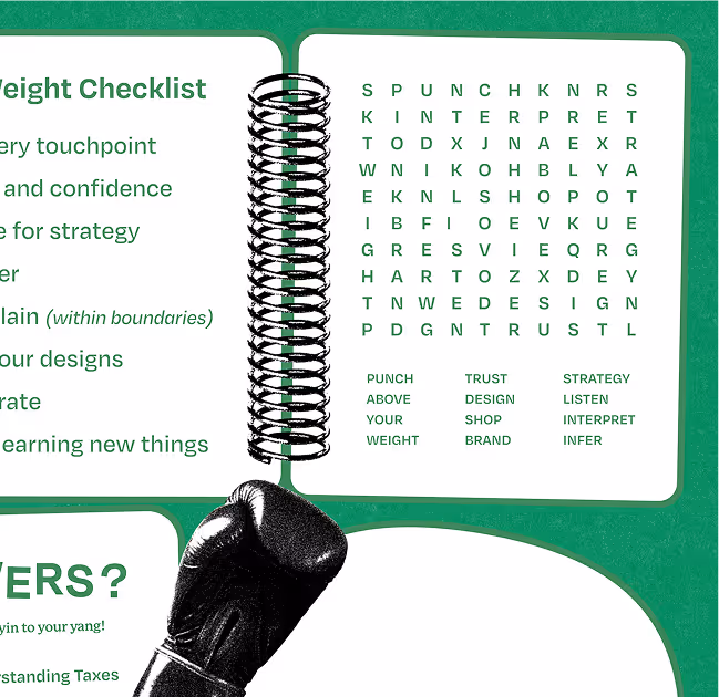 Partial view of a green-themed word search puzzle with words like PUNCH, TRUST, STRATEGY, and a black boxing glove illustration at the bottom.