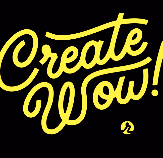 Yellow cursive text on black background reading 'Create Wow!' with a small circled lowercase 'r' below.