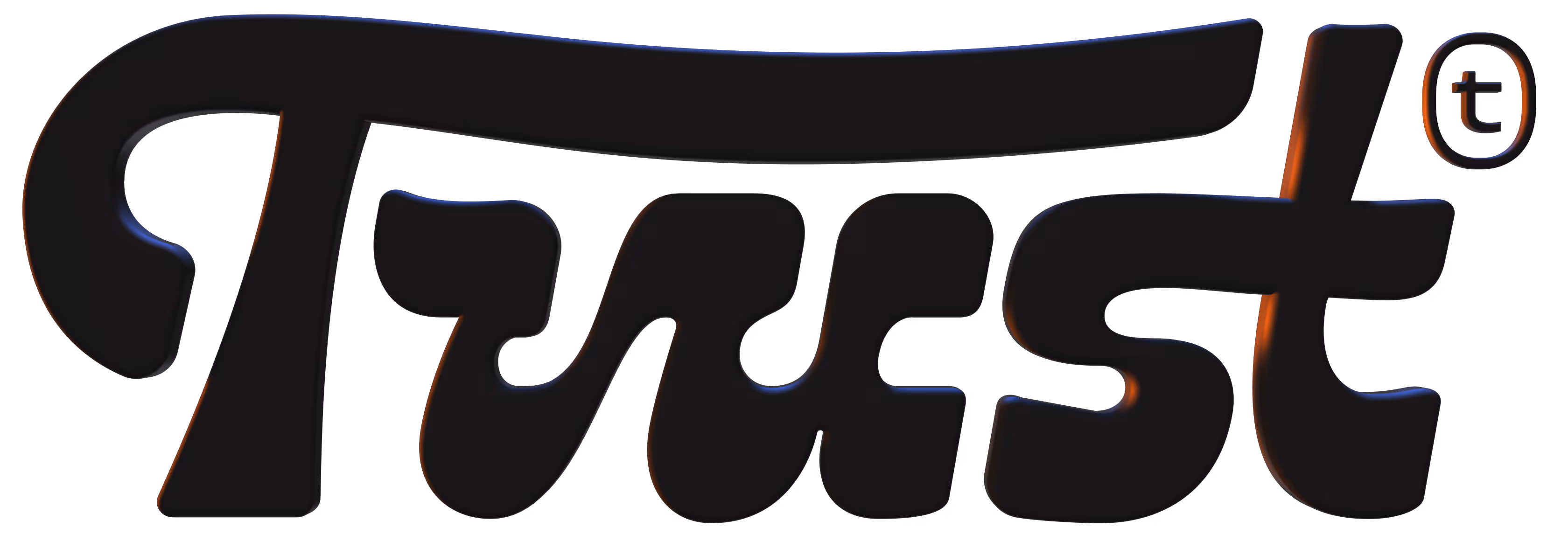 Script "Trust" logo with blue and orange light shining through from the back.