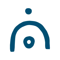 Abstract icon with a central vertical line topped by a dot, enclosed by a curved arch.