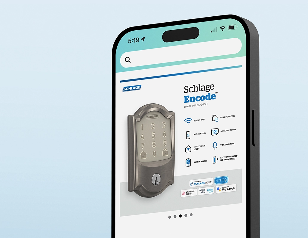 Smartphone screen displaying an e-commerce infographic for Schlage Encode smart WiFi deadbolt product, on a soft blue background.