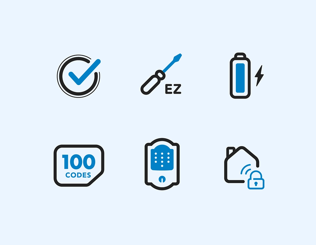 Schlage themed icons representing a checkmark, screwdriver with 'EZ', battery with lightning bolt, '100 codes' badge, keypad door lock, and smart home with a padlock.