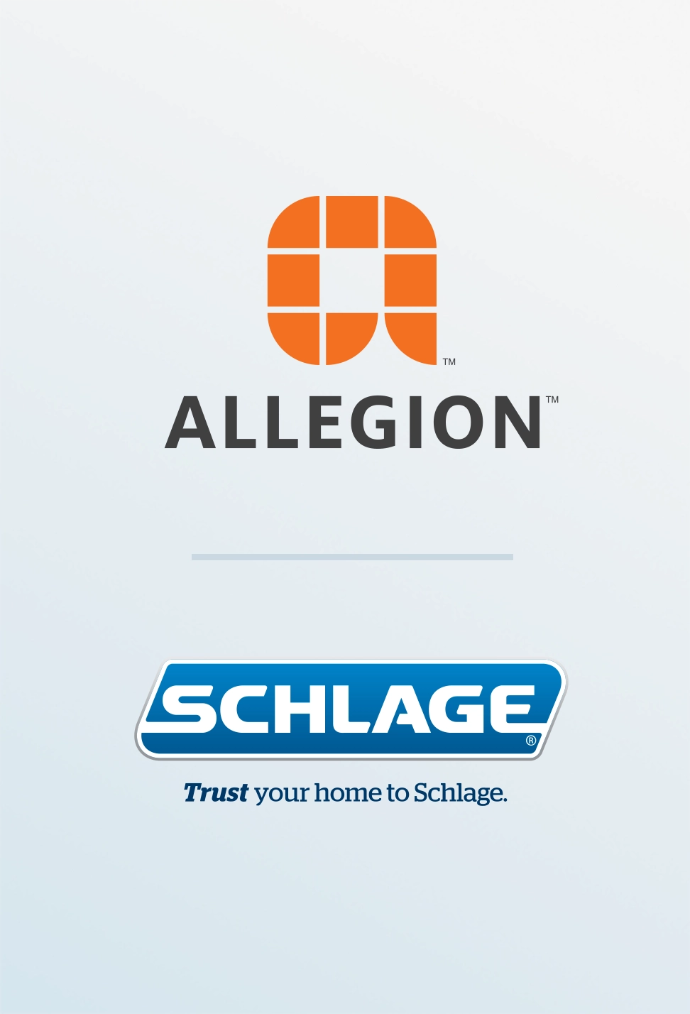 Allegion logo above Schlage logo separated by a line on a soft blue to white gradient.