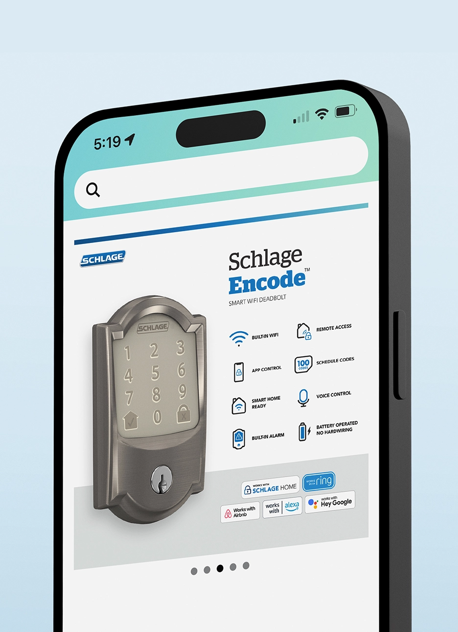 Smartphone screen displaying an e-commerce infographic for Schlage Encode smart WiFi deadbolt product, on a soft blue background.