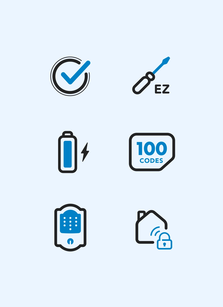 Schlage themed icons representing a checkmark, screwdriver with 'EZ', battery with lightning bolt, '100 codes' badge, keypad door lock, and smart home with a padlock.
