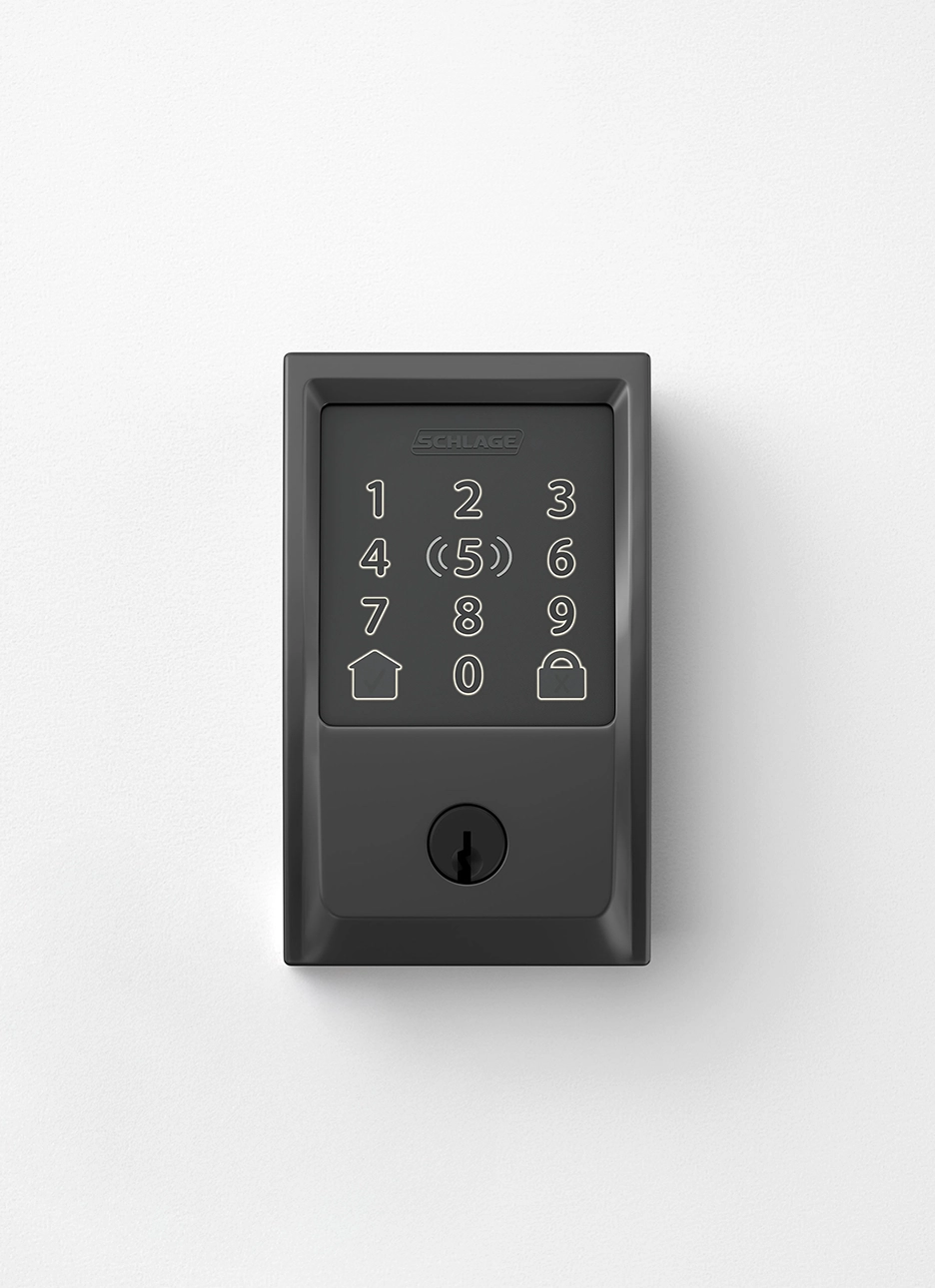 Simplistic 3D rendering of black Schlage smart keypad deadbolt lock with illuminated numeric touchpad and keyhole on white background.