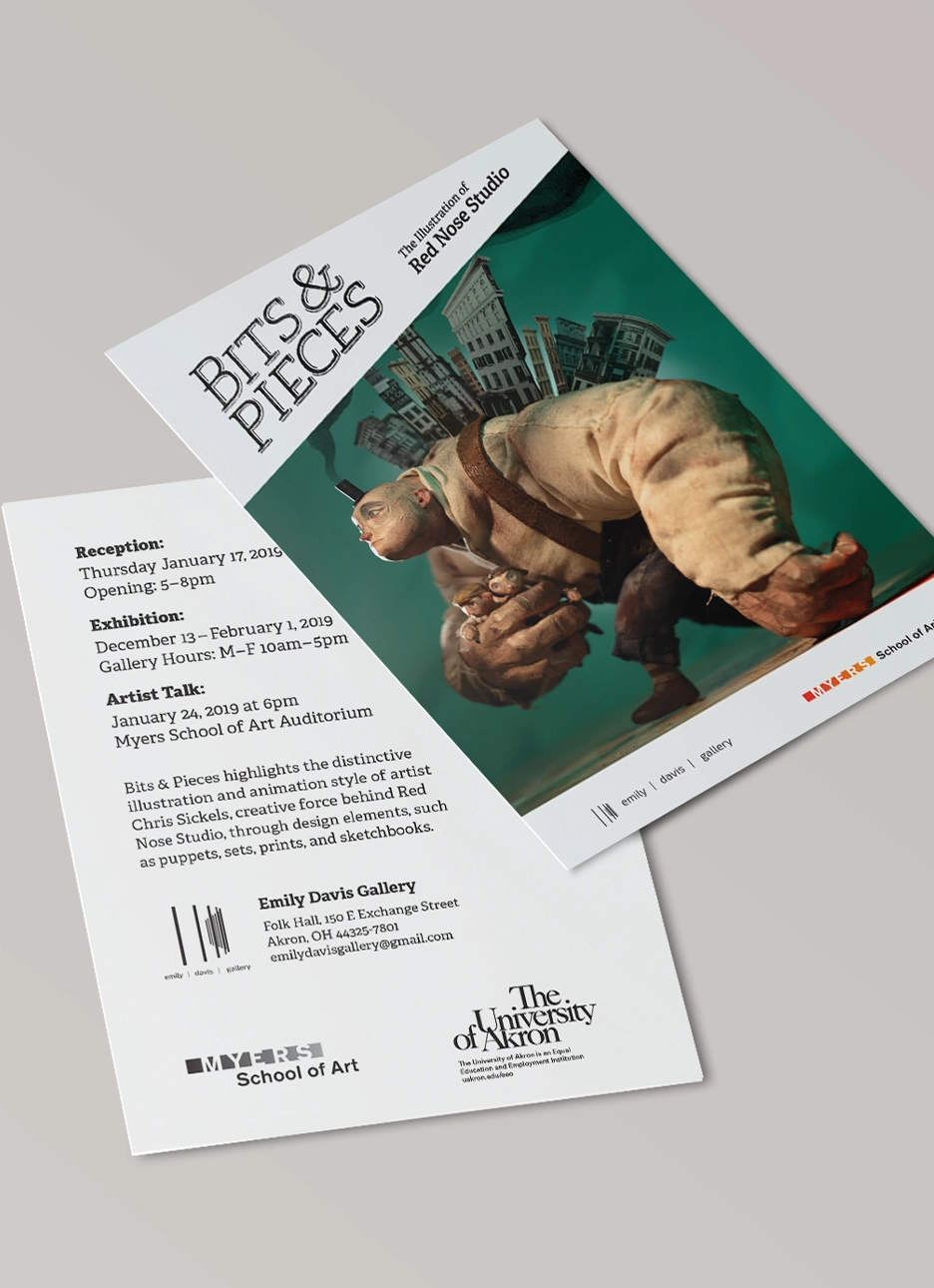 Two flyers for the art exhibition Bits & Pieces by Red Nose Studio, featuring a large puppet illustration in tan and green and event details at Myers School of Art, University of Akron.