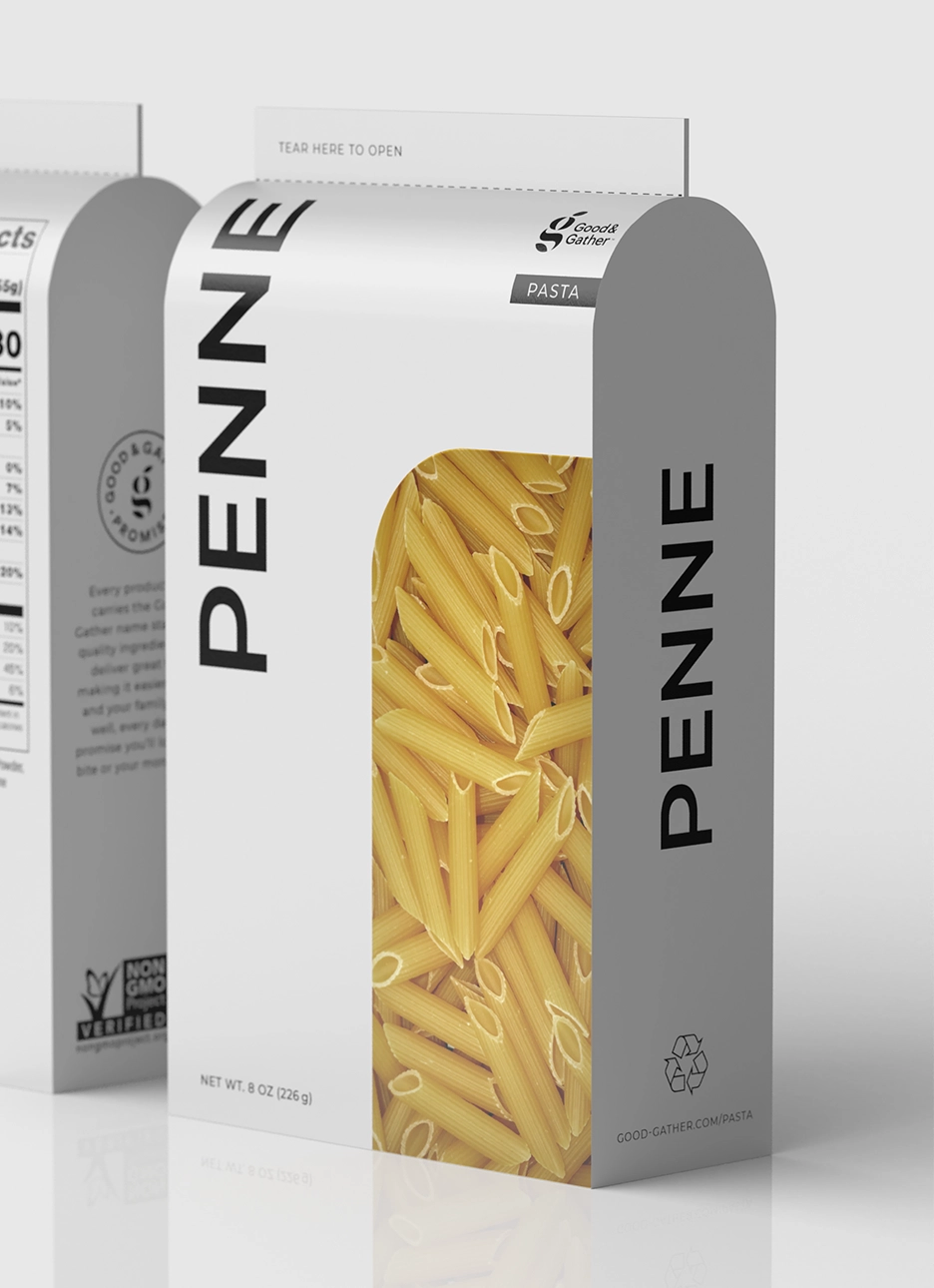 Front and back of simplistic and geometric Good Gather brand penne pasta packaging with clear window showing dry pasta and nutrition facts on the back.