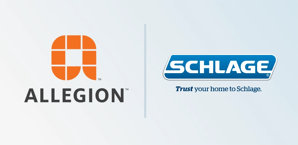 Allegion logo next to Schlage logo separated by a line on a soft blue to white gradient.
