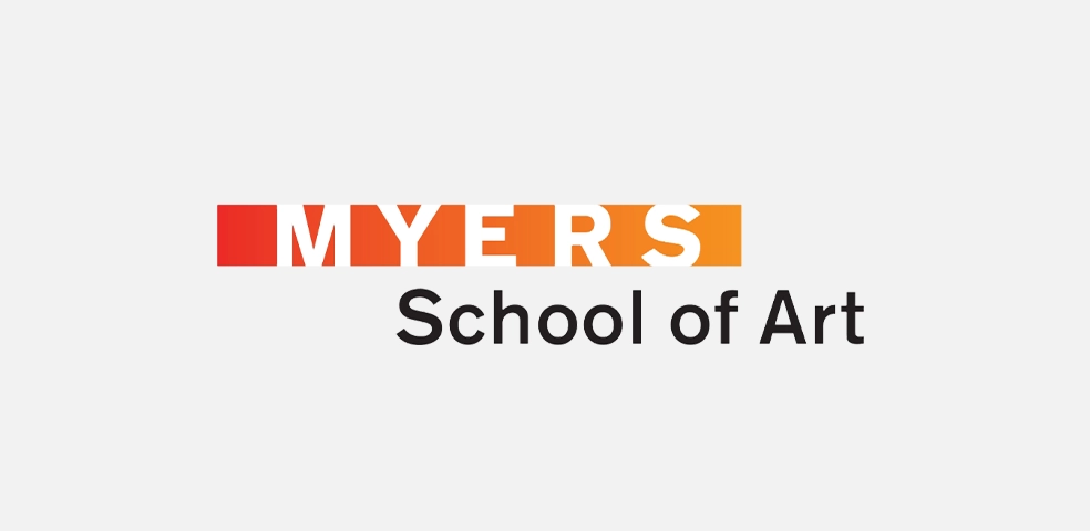 Logo with the word 'MYERS' in a rectangle gradient of red to orange above the text 'School of Art' in black.