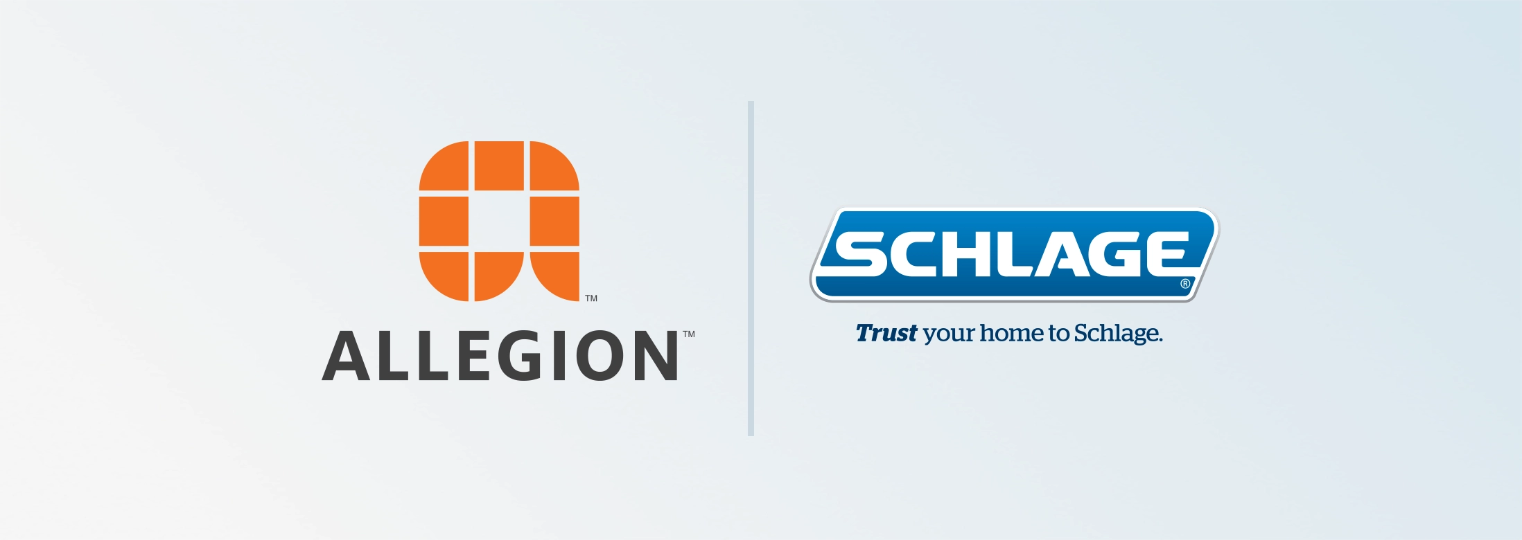 Allegion logo next to Schlage logo separated by a line on a soft blue to white gradient.