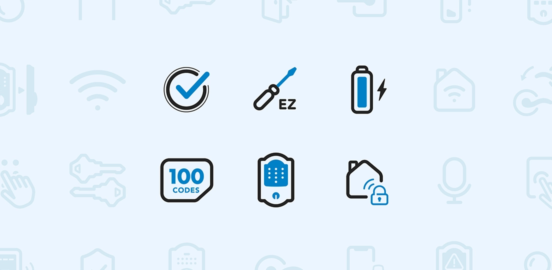 Schlage themed icons representing a checkmark, screwdriver with 'EZ', battery with lightning bolt, '100 codes' badge, keypad door lock, and smart home with a padlock.