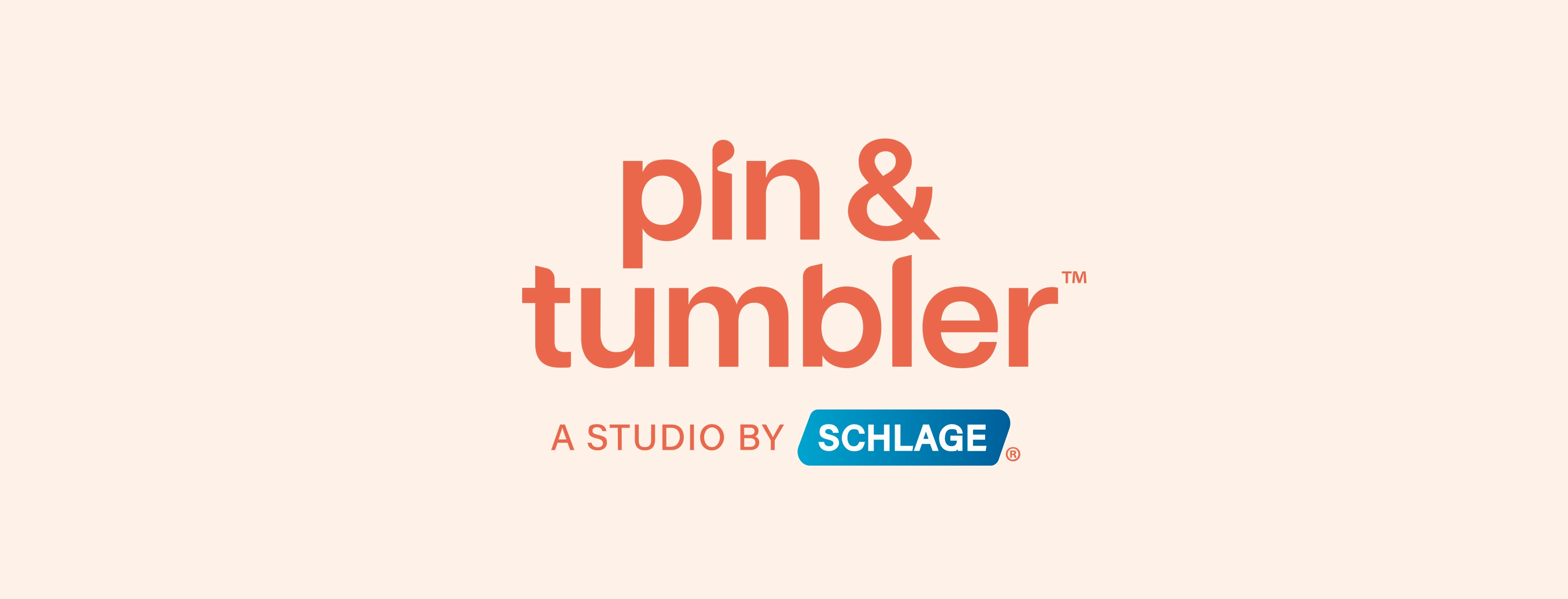 Logo of pin & tumbler, a studio by Schlage, with text in orange and blue on a peachy background.