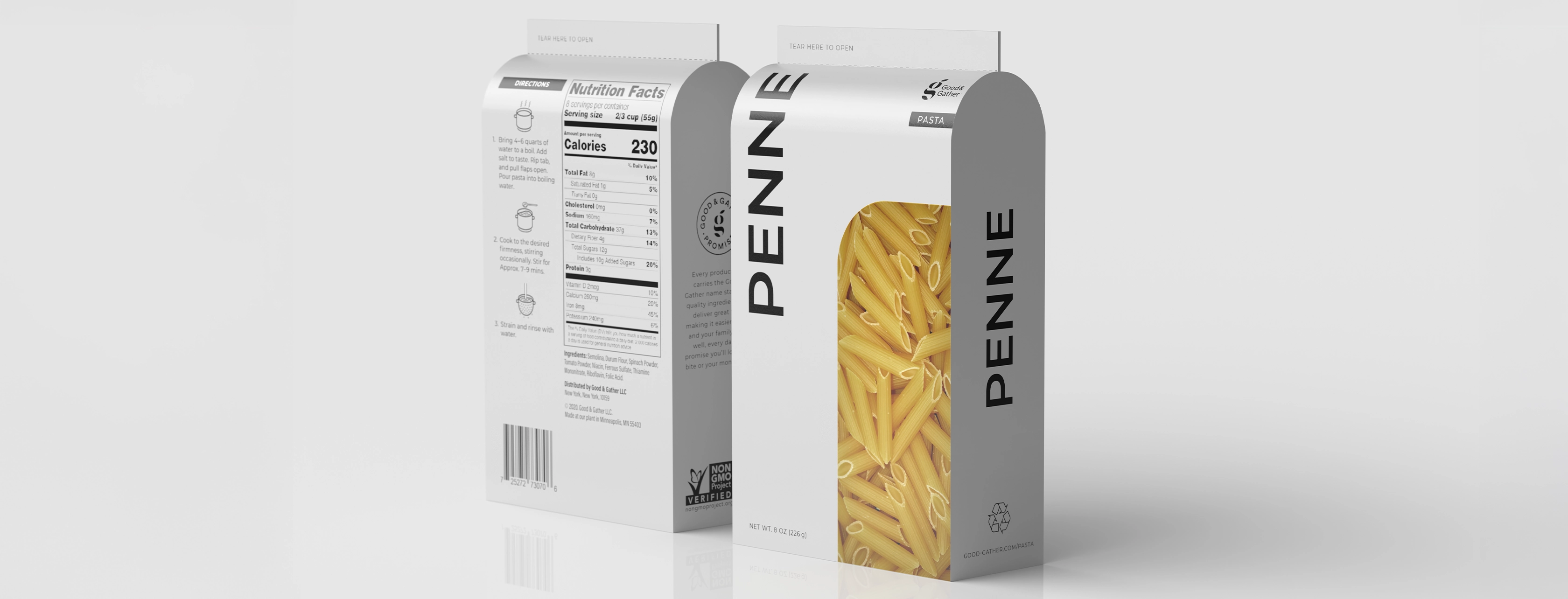 Front and back of simplistic and geometric Good Gather brand penne pasta packaging with clear window showing dry pasta and nutrition facts on the back.
