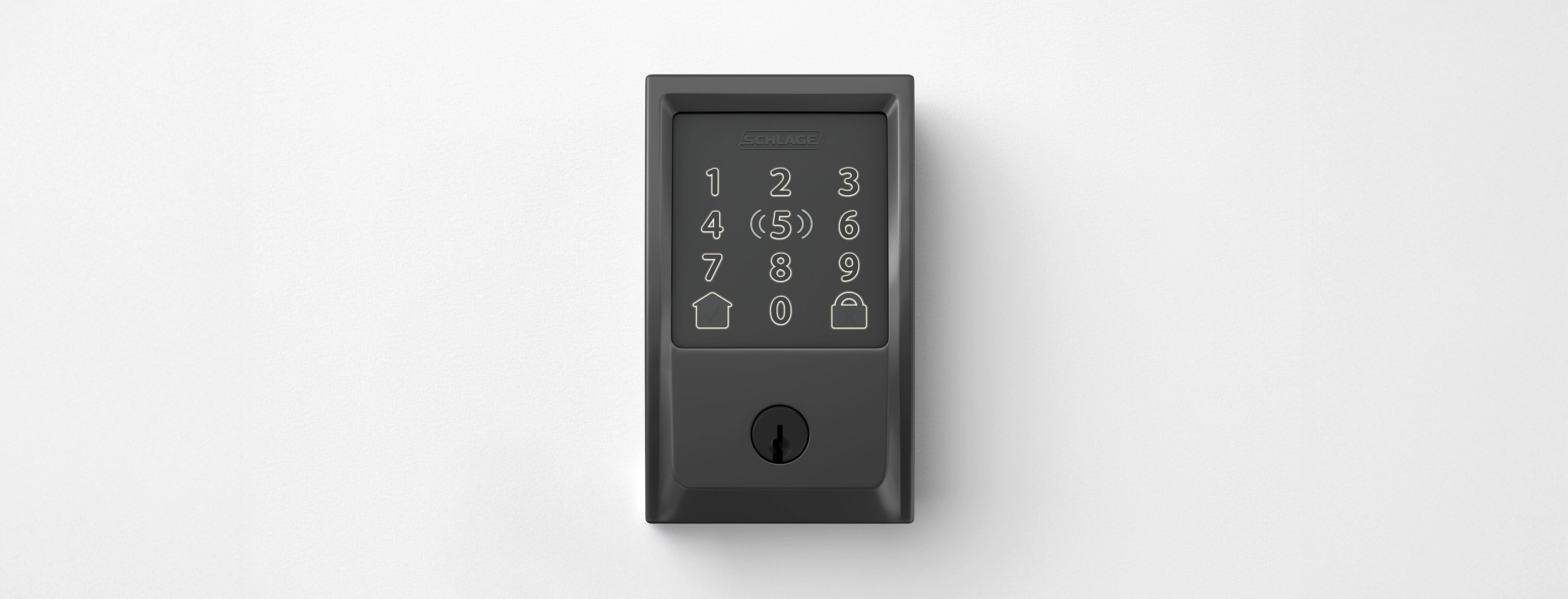 Simplistic 3D rendering of black Schlage smart keypad deadbolt lock with illuminated numeric touchpad and keyhole on white background.