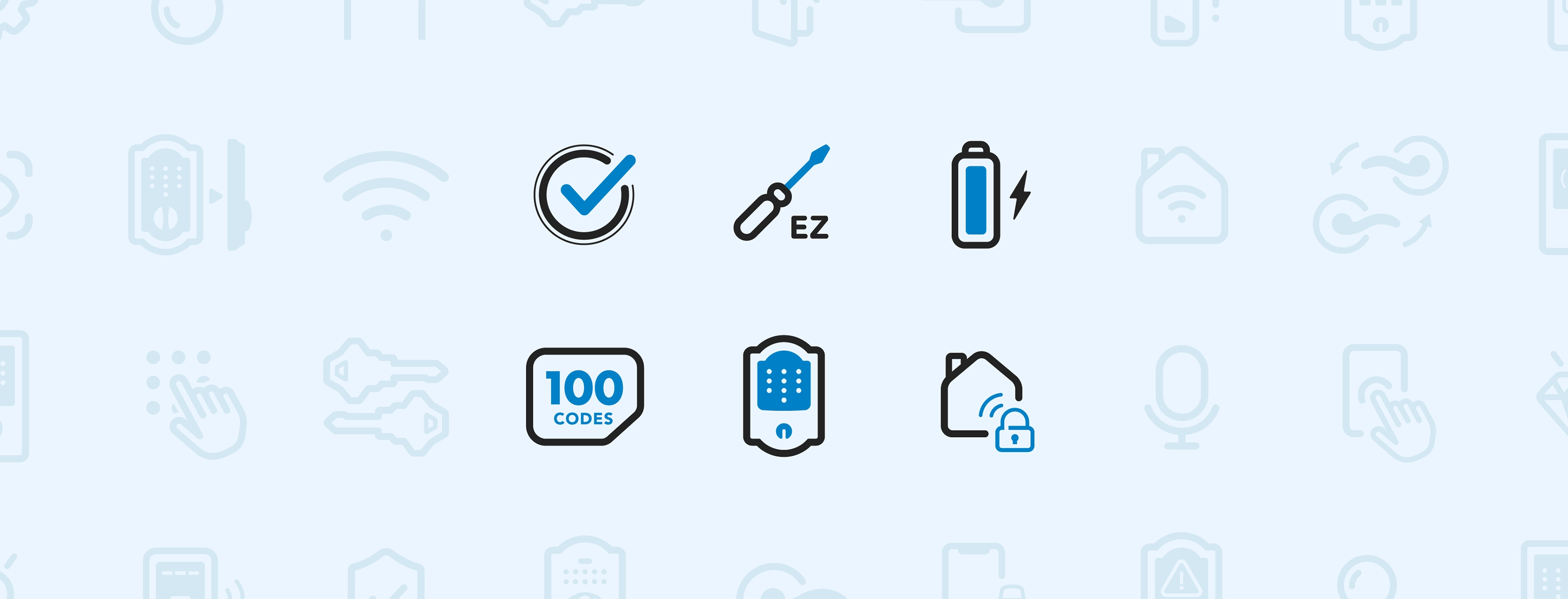 Schlage themed icons representing a checkmark, screwdriver with 'EZ', battery with lightning bolt, '100 codes' badge, keypad door lock, and smart home with a padlock.
