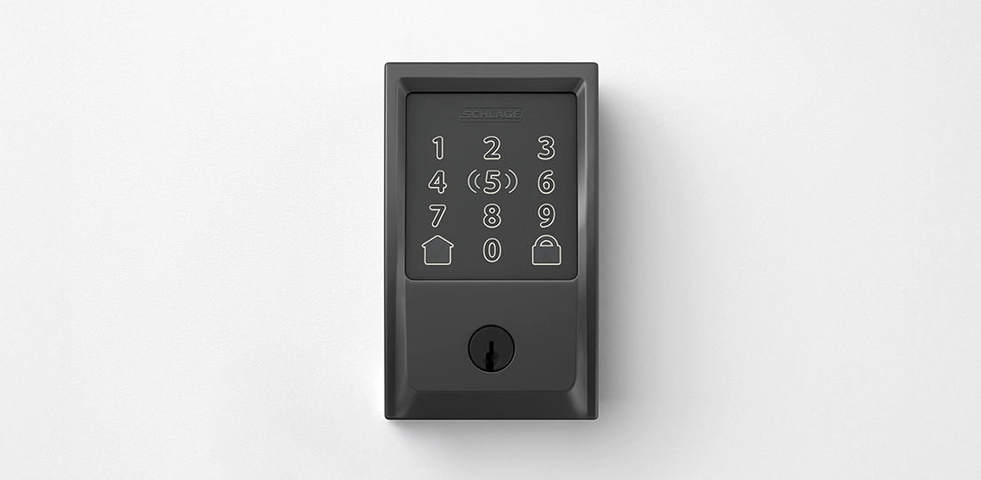 Simplistic 3D rendering of black Schlage smart keypad deadbolt lock with illuminated numeric touchpad and keyhole on white background.