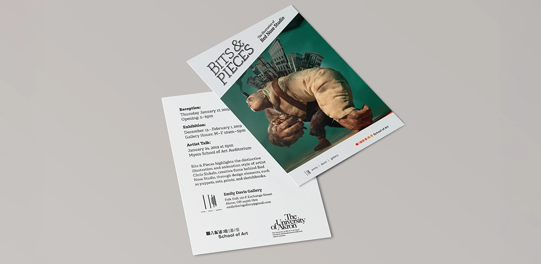 Two flyers for the art exhibition Bits & Pieces by Red Nose Studio, featuring a large puppet illustration in tan and green and event details at Myers School of Art, University of Akron.