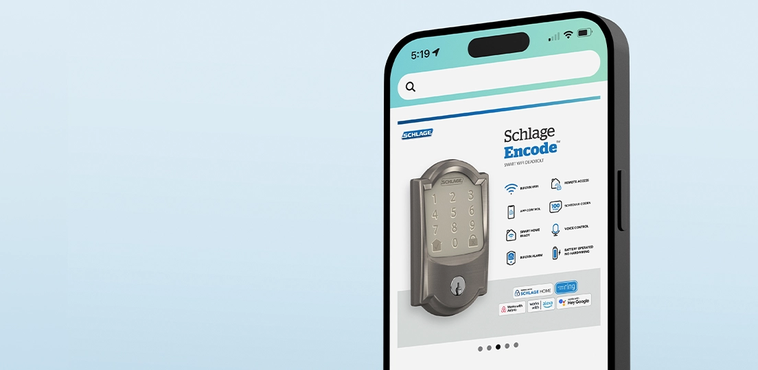 Smartphone screen displaying an e-commerce infographic for Schlage Encode smart WiFi deadbolt product, on a soft blue background.