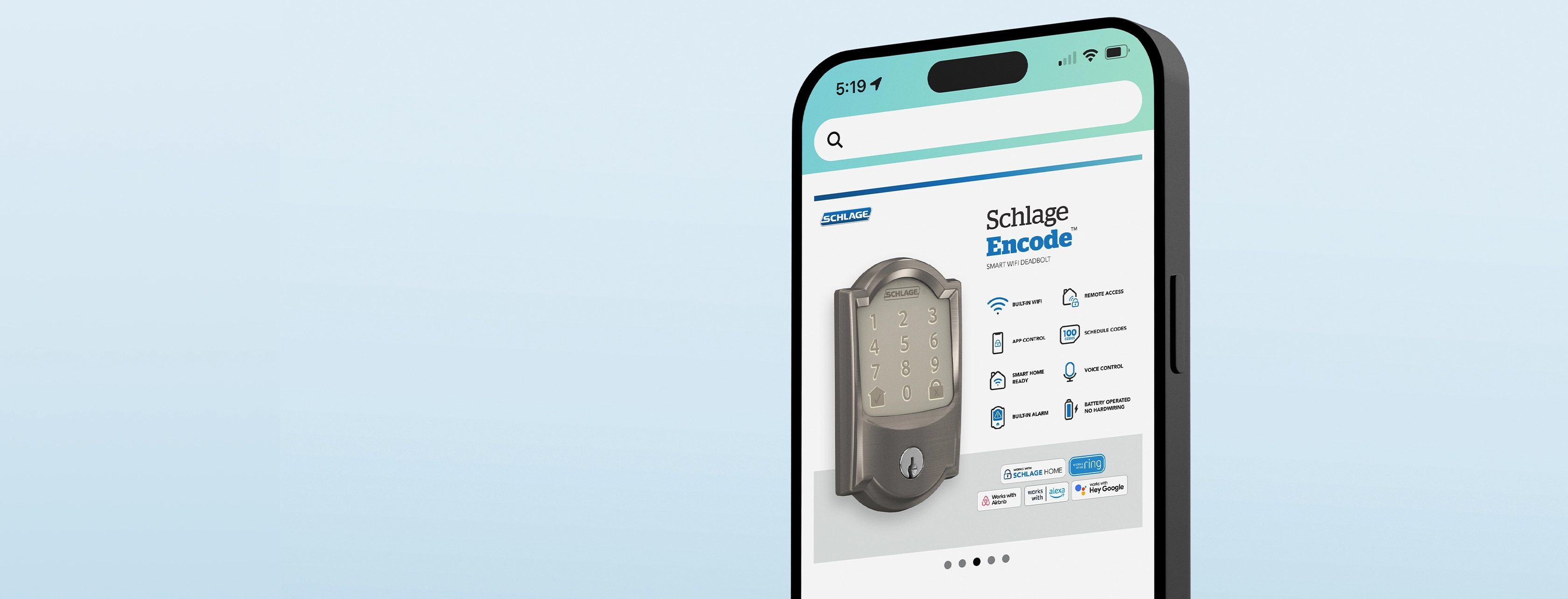 Smartphone screen displaying an e-commerce infographic for Schlage Encode smart WiFi deadbolt product, on a soft blue background.