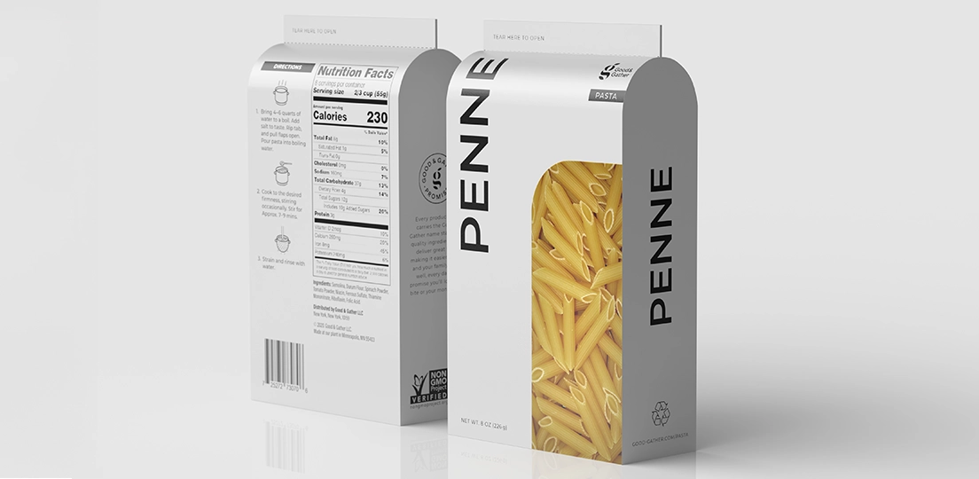Front and back of simplistic and geometric Good Gather brand penne pasta packaging with clear window showing dry pasta and nutrition facts on the back.