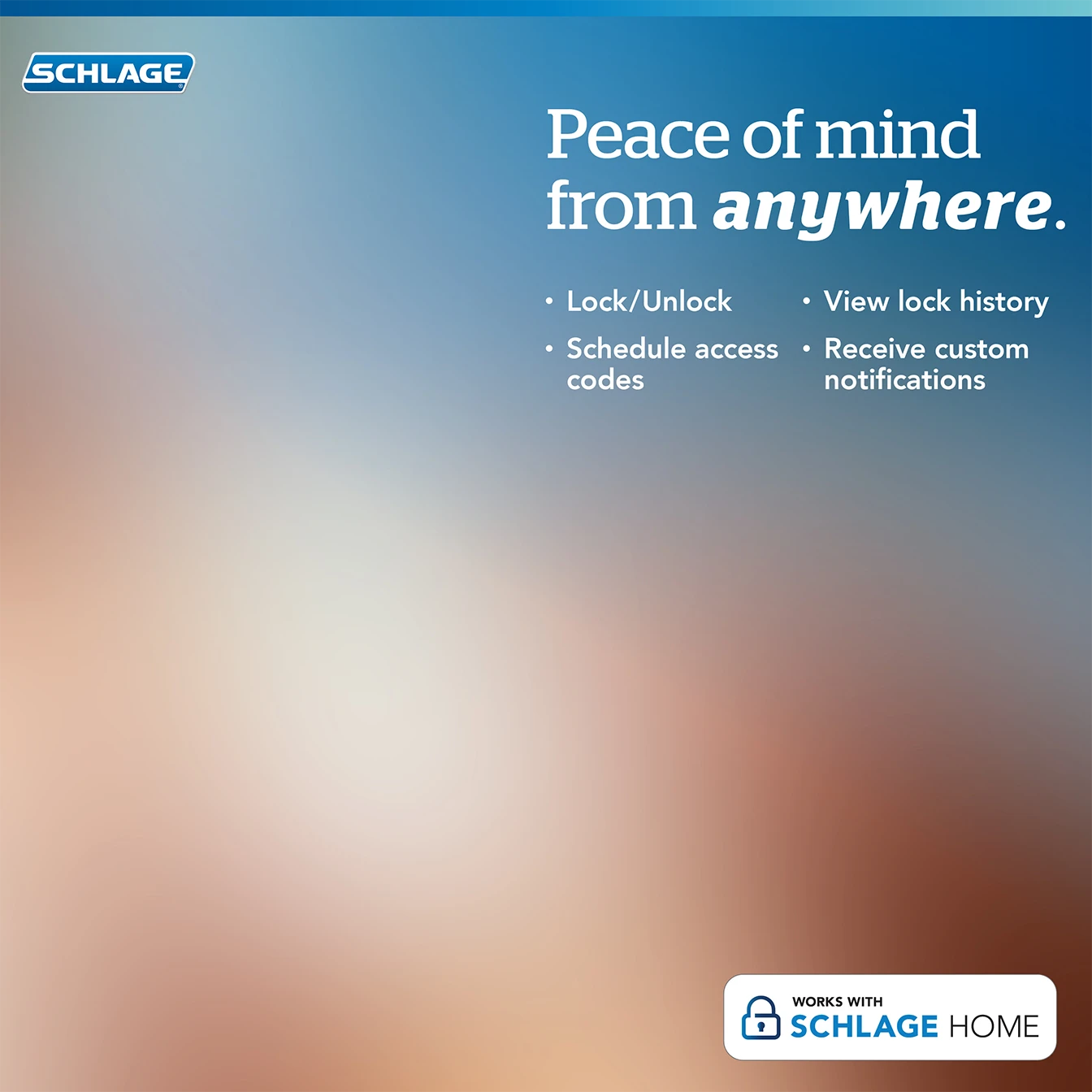 Schlage logo with text promoting remote lock control features like lock/unlock, scheduling access codes, viewing lock history, and receiving notifications, on a blurred gradient background.
