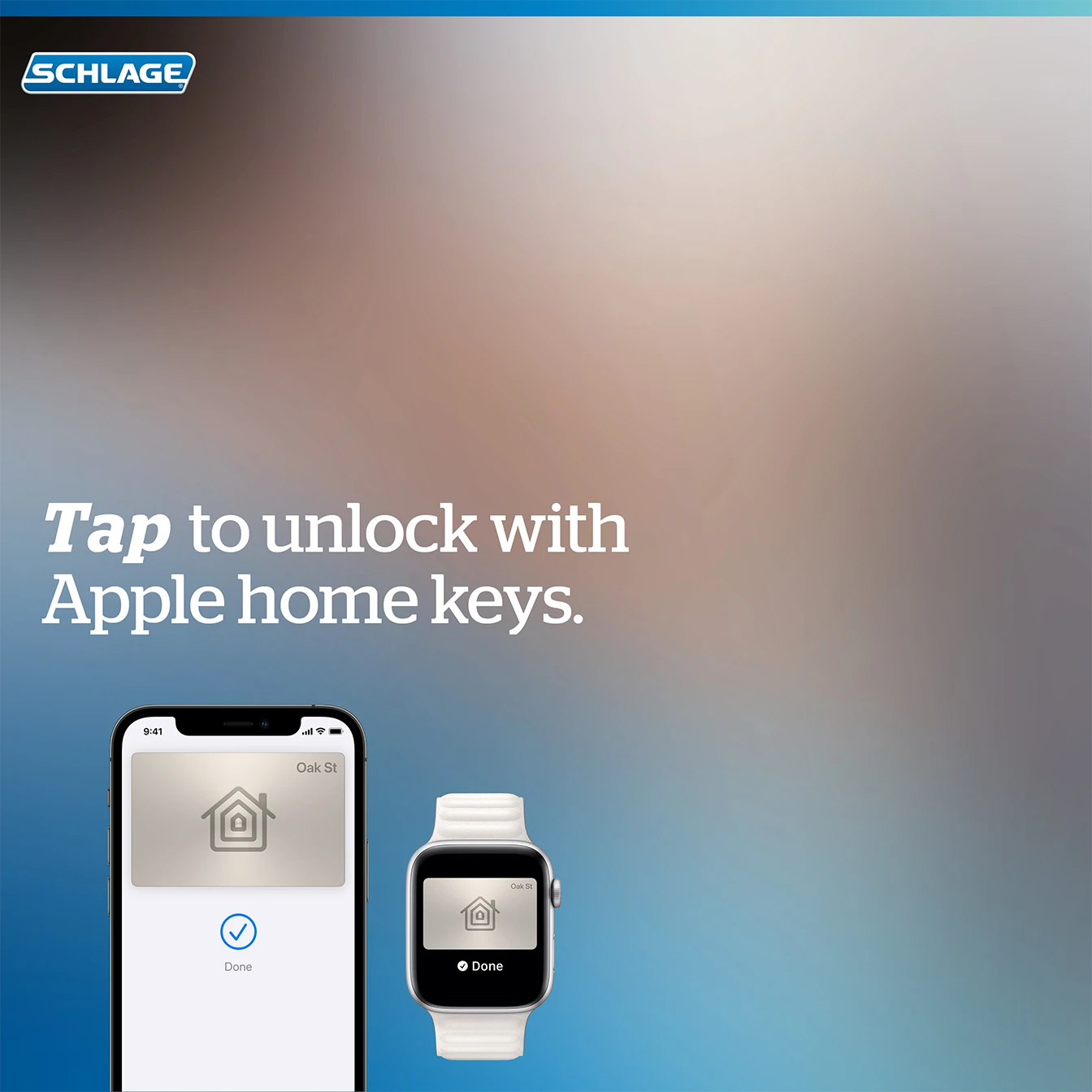 Smartphone and smartwatch screens showing completed home key unlocking with text 'Tap to unlock with Apple home keys' and Schlage logo.
