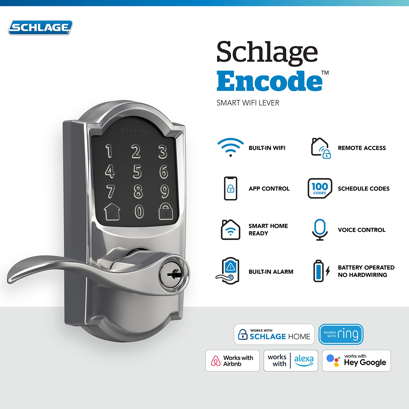 Schlage E-commerce infographic template showing Schlage Encode smart WiFi lever door lock with keypad and features including built-in WiFi, remote access, app control, schedule codes, smart home ready, voice control, built-in alarm, and battery operation.