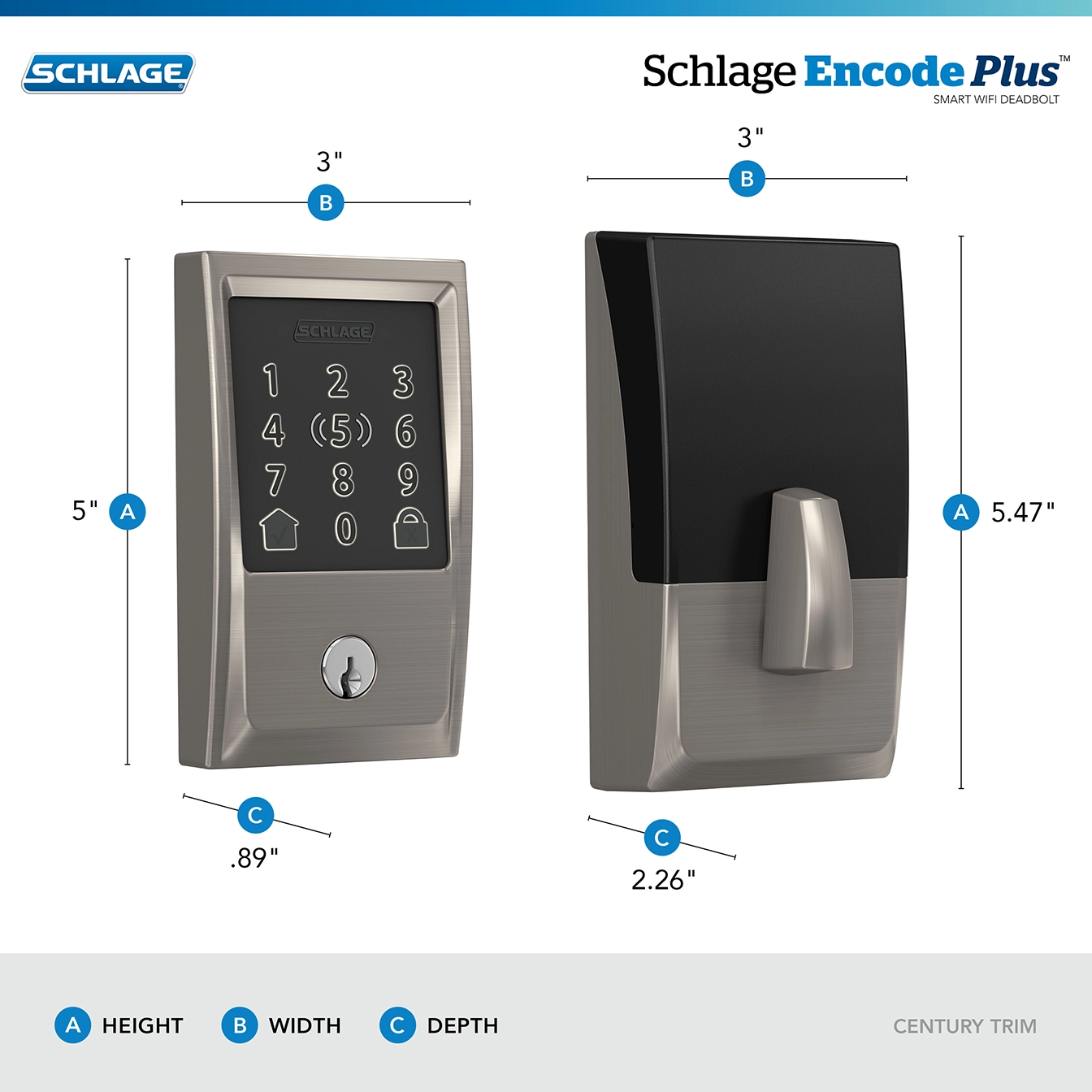 Schlage E-commerce infographic template showing front and back views of a silver Schlage Encode Plus smart WiFi deadbolt with Century Trim with height, width, and depth measurements for each side.