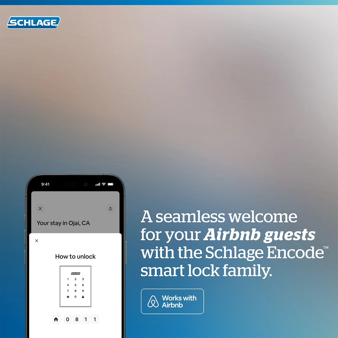Smartphone screen showing a Schlage Encode smart lock keypad code entry for an Airbnb stay in Ojai, CA with text promoting seamless welcome for Airbnb guests.