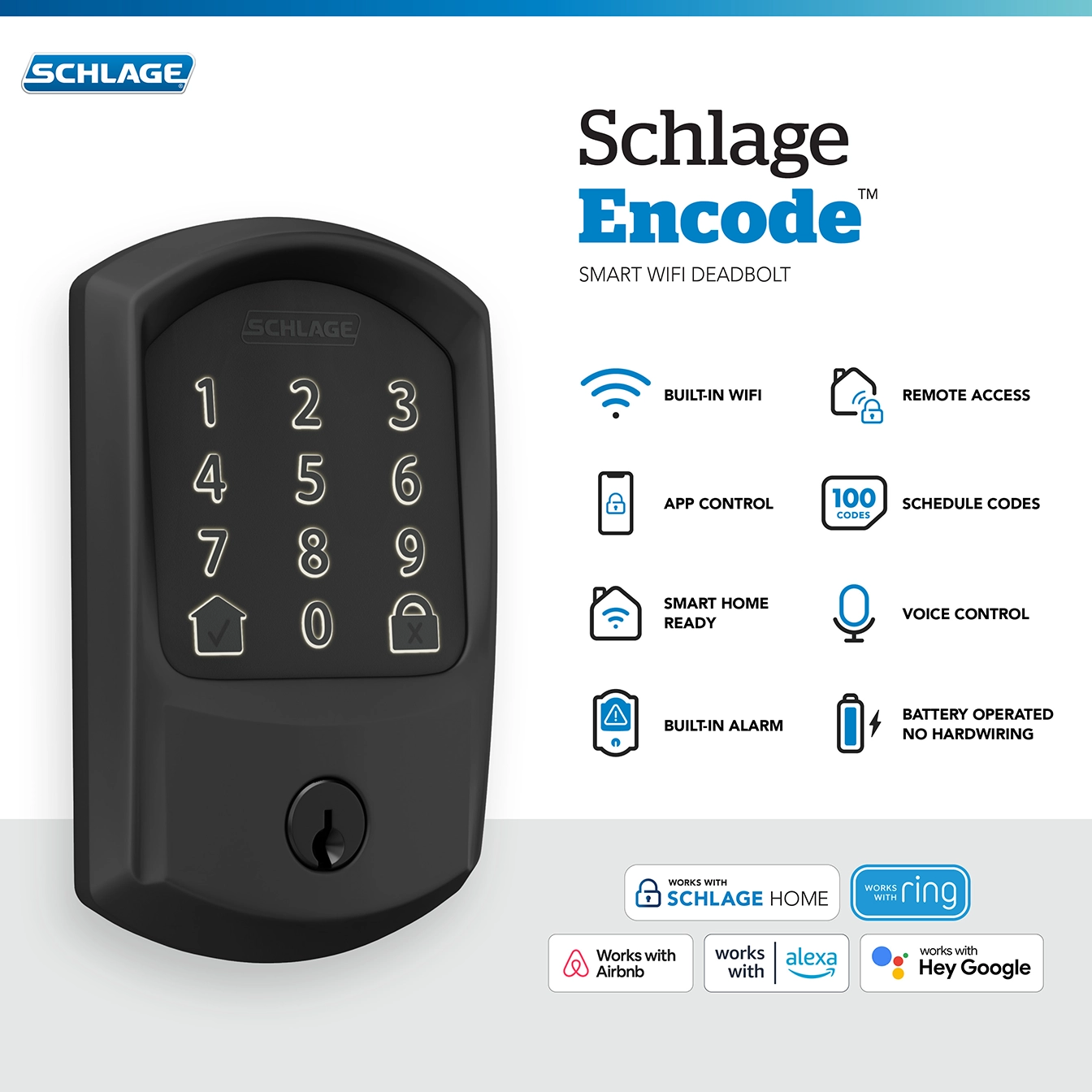 Schlage E-commerce infographic template showing Schlage Encode smart WiFi deadbolt in black with illuminated keypad and key slot, alongside icons highlighting features like built-in WiFi, remote access, app control, schedule codes, smart home ready, voice control, built-in alarm, and battery operated with no hardwiring.
