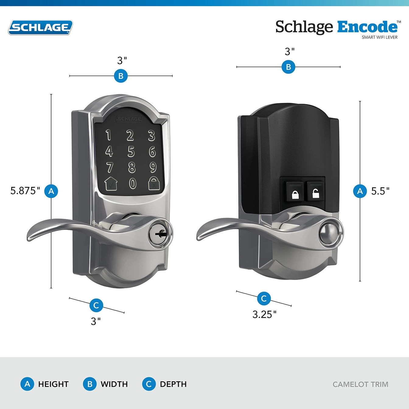 Schlage E-commerce infographic template showing Front and back views of Schlage Encode smart WiFi lever door lock with dimensions showing height, width, and depth.