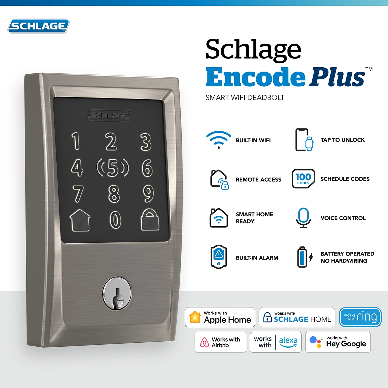 Schlage E-commerce infographic template showing Schlage Encode Plus smart WiFi deadbolt keypad with icons highlighting features like built-in WiFi, remote access, smart home compatibility, built-in alarm, tap to unlock, schedule codes, voice control, and battery operation.