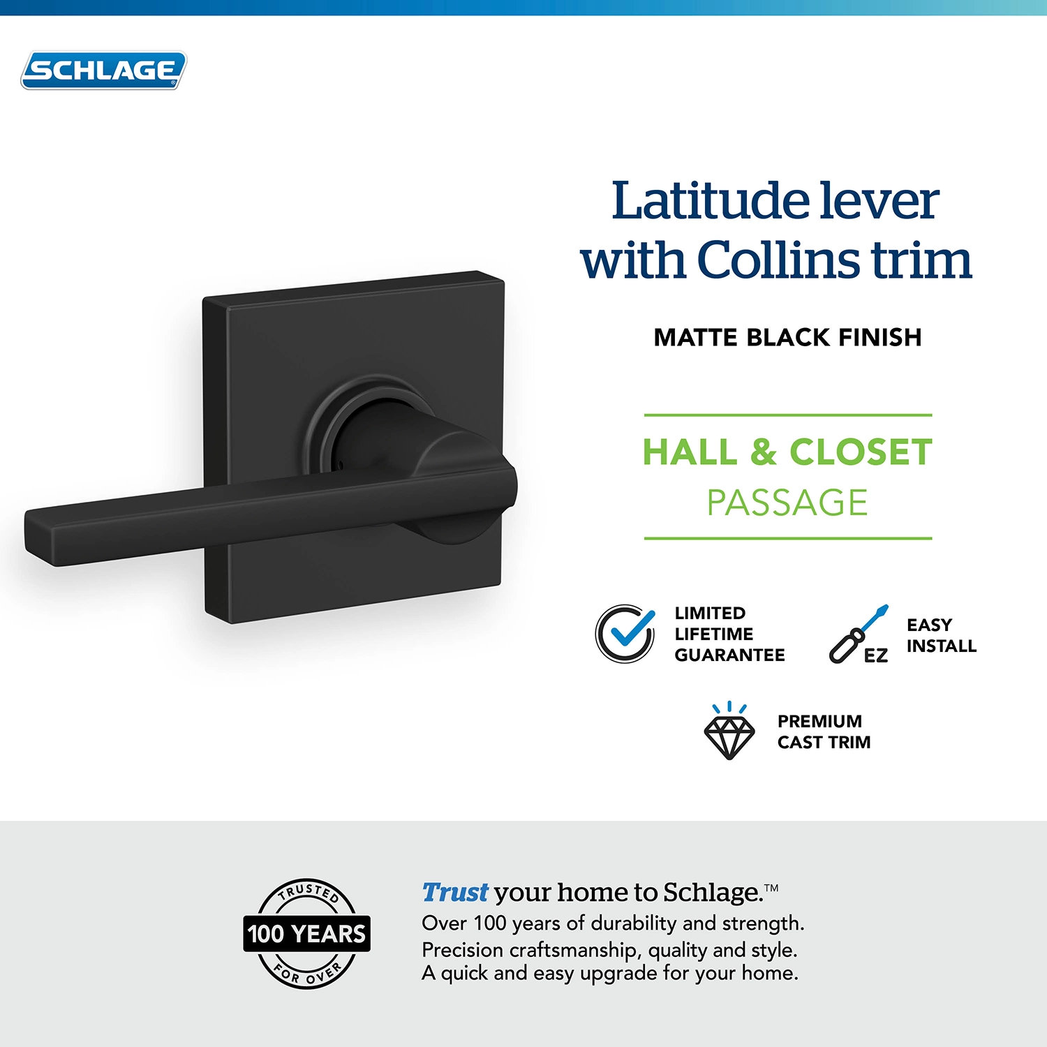 Schlage E-commerce infographic template showing Matte black Latitude lever door handle with Collins trim for hall and closet passage by Schlage, featuring limited lifetime guarantee, easy install, and premium cast trim.