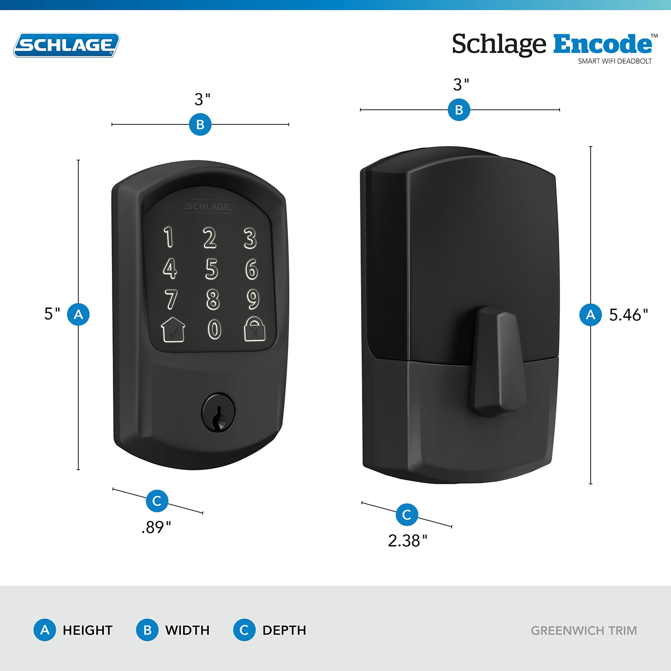 Schlage E-commerce infographic template showing front and back views of a black Schlage Encode smart WiFi deadbolt with height, width, and depth measurements for each side.