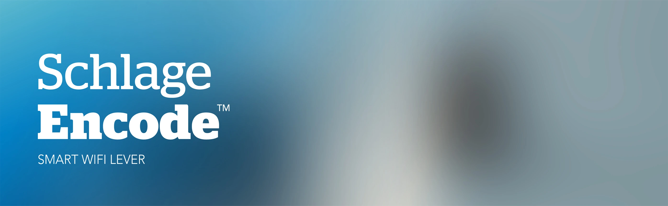 A digital banner showing Schlage Encode Smart WiFi lever lock installed on a blue door with a hallway background.
