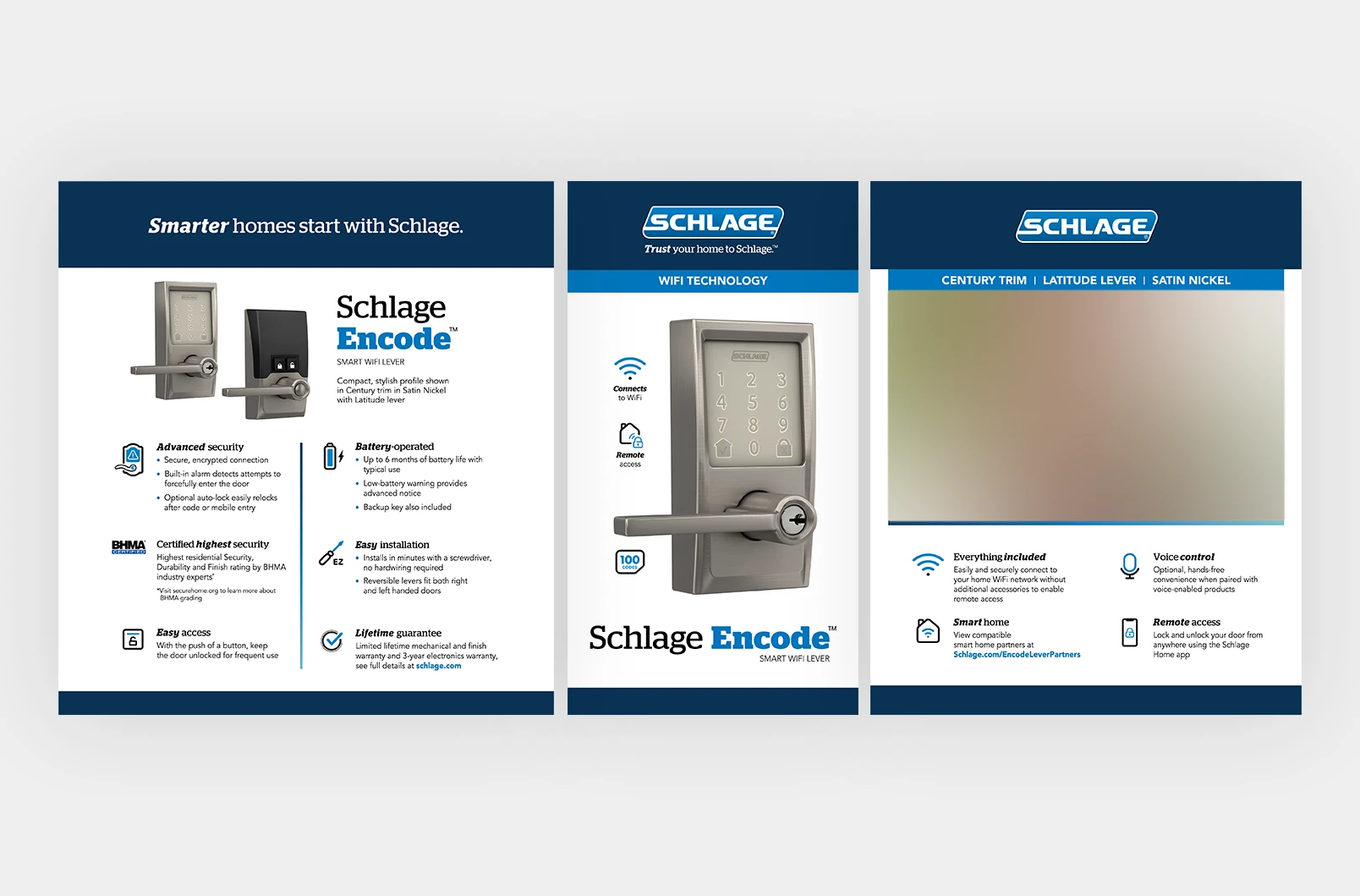 Three Schlage Encode smart lever  packaging panels showing product renderings on white, on door, and text bullets paired with icons indicating lock features such as: WiFi technology, lifetime guarantee, and easy installation.
