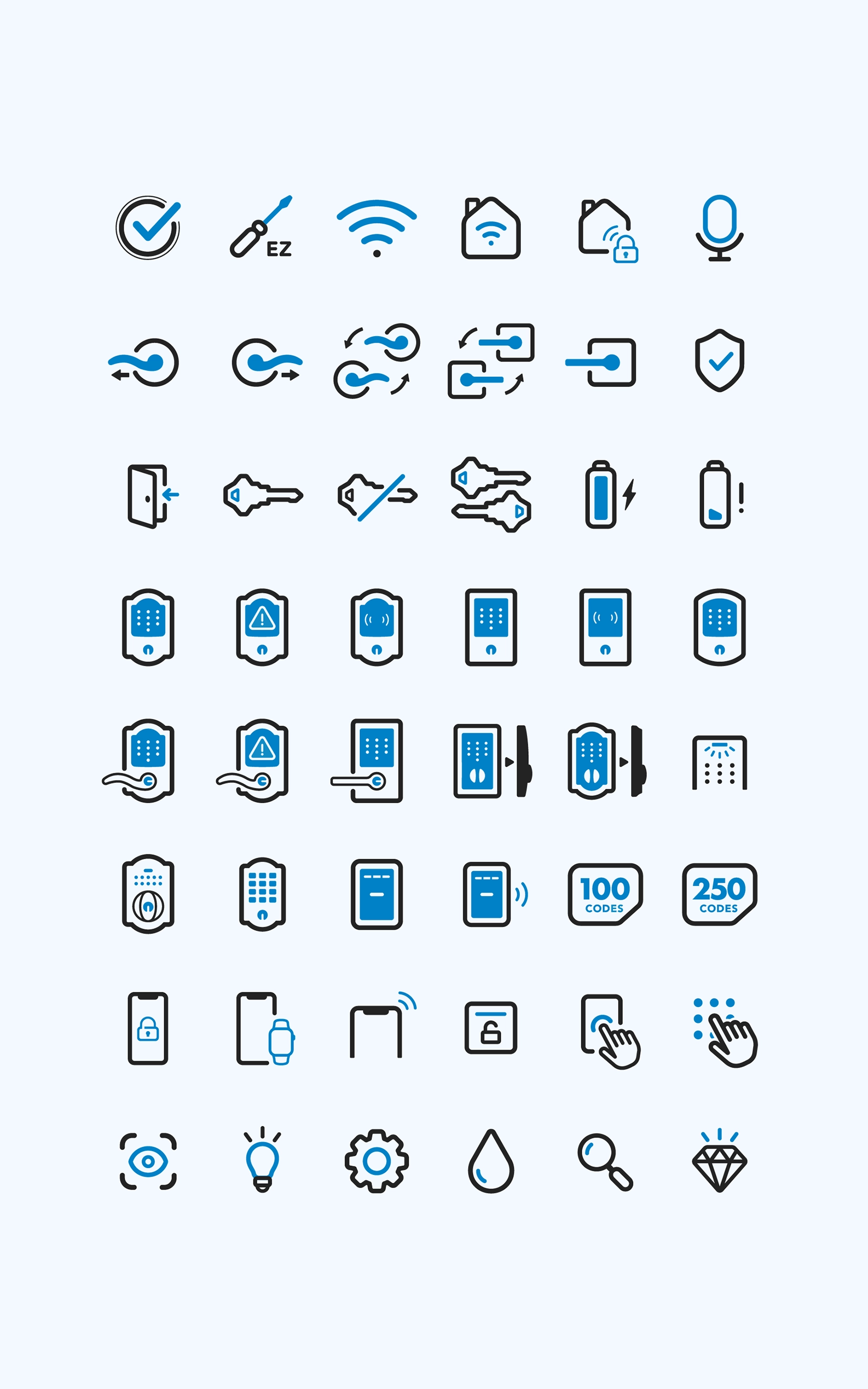 Grid of various black and blue smart lock and security icons including checkmarks, keys, Wi-Fi, batteries, door locks, keypads, mobile devices, settings, and user interface elements on a light background.